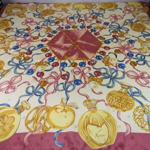 Nina Ricci vintage silk scarf Colorful Designer Scarf with Perfume Bottle Print